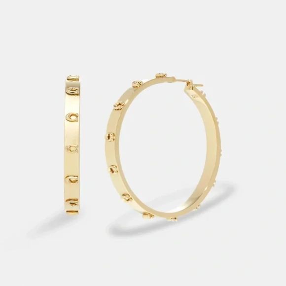 Coach Signature Pegged Hoop Earrings Gold - Picture 1 of 1